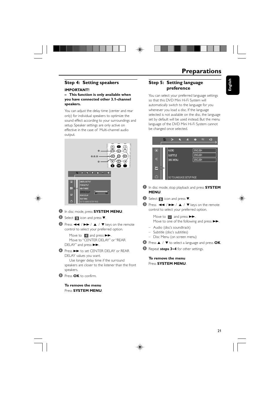 Preparations, Step 4: setting speakers, Step 5: setting language preference | Philips FWD570 User Manual | Page 21 / 49