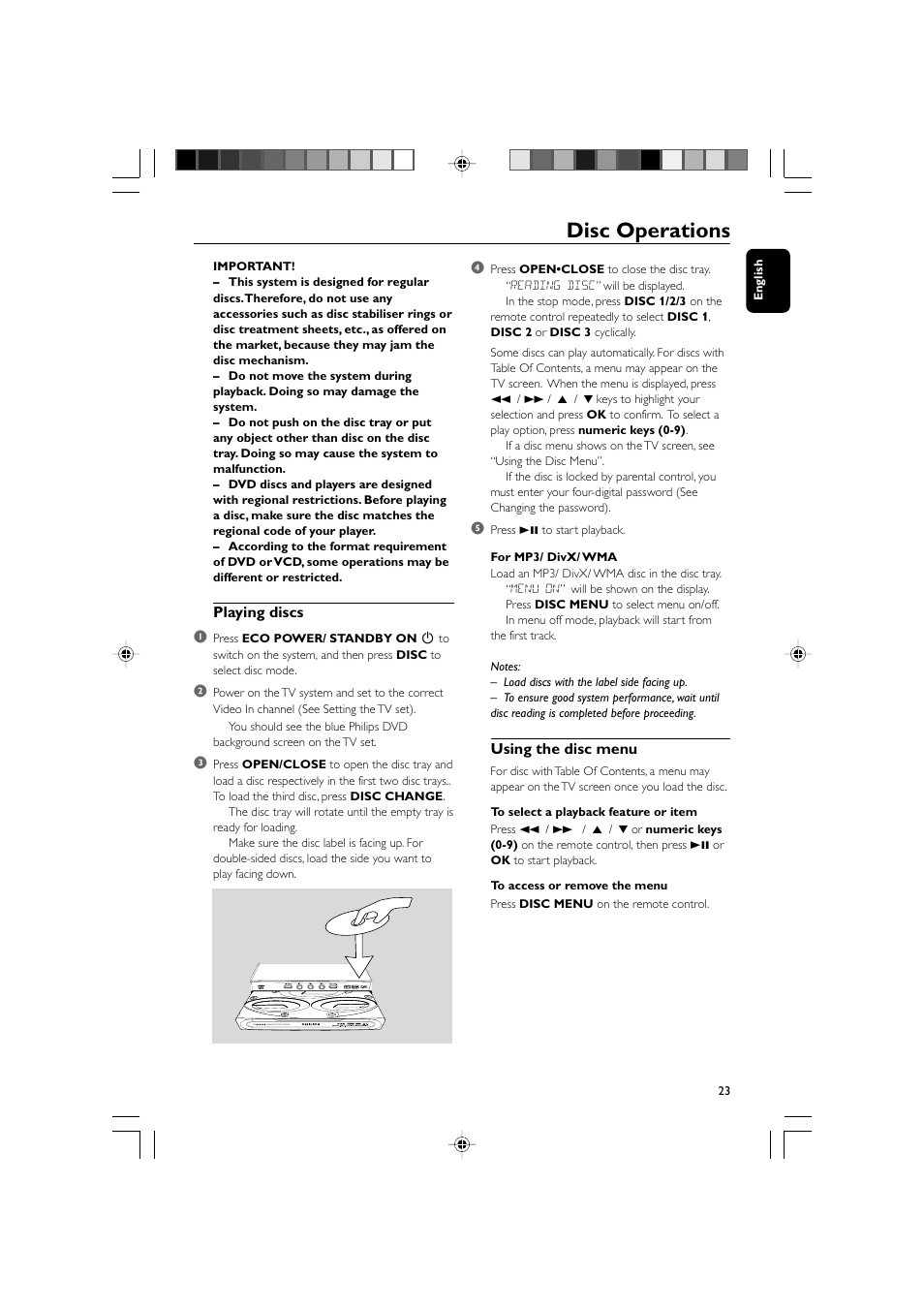 Disc operations, Playing discs 1, Using the disc menu | Philips FWD570 User Manual | Page 23 / 49