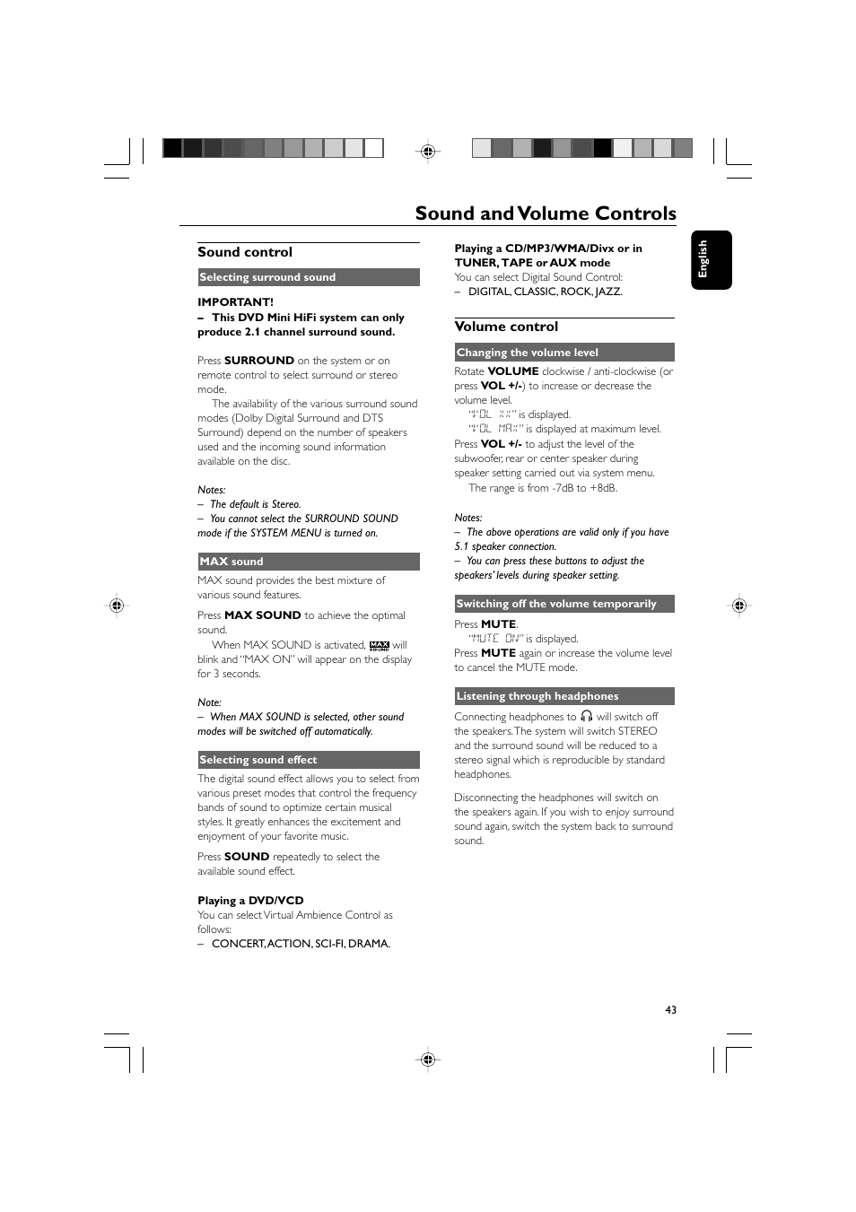 Sound and volume controls, Sound control, Volume control | Philips FWD570 User Manual | Page 43 / 49