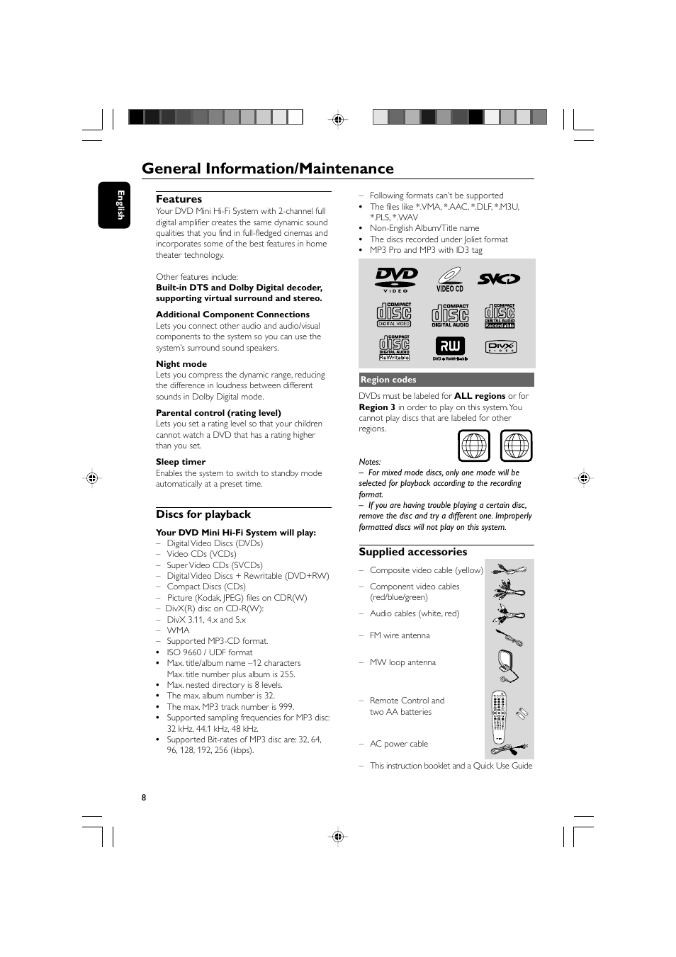General information/maintenance | Philips FWD570 User Manual | Page 8 / 49