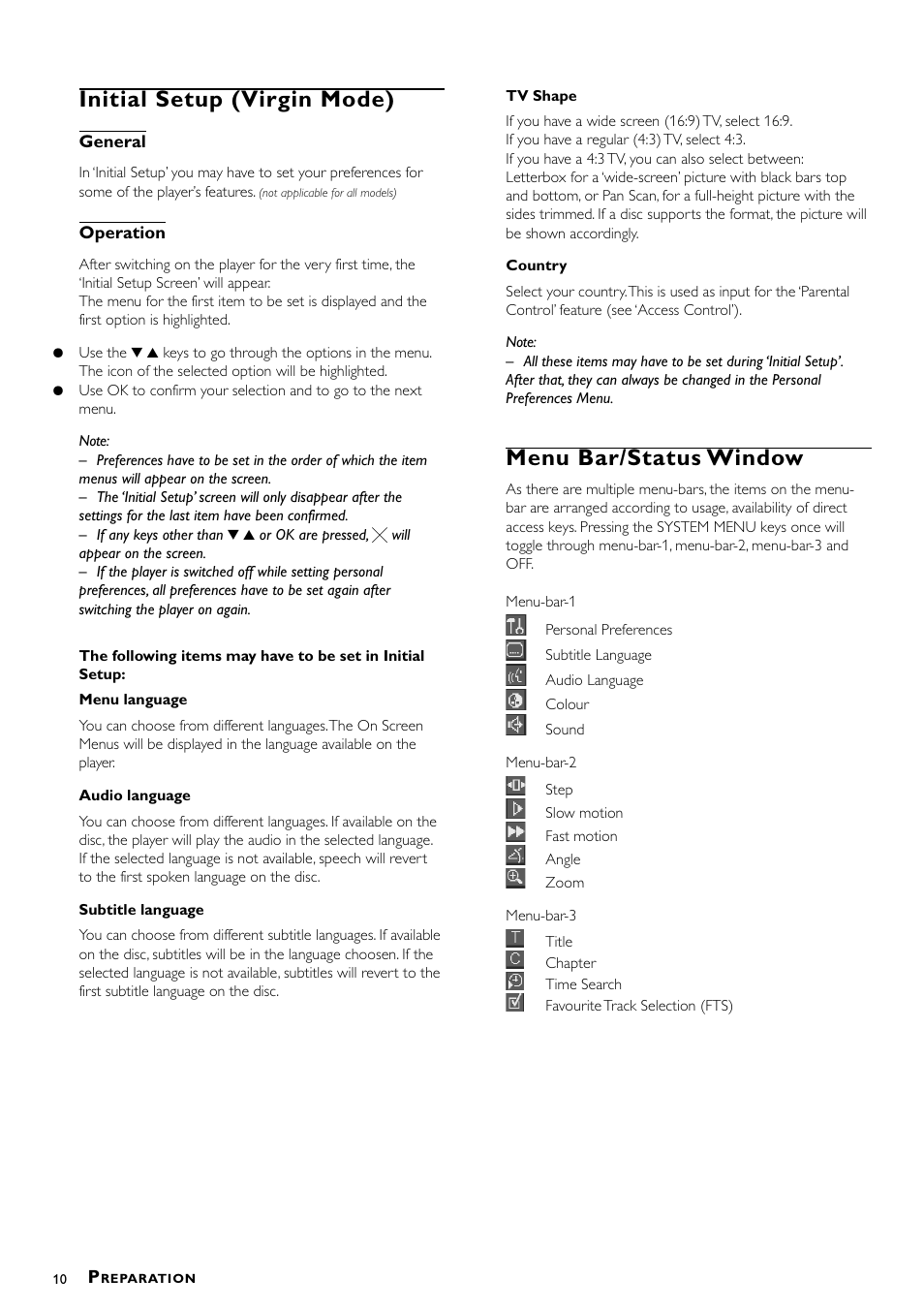 Initial setup (virgin mode), Menu bar/status window | Philips DVD870P/051 User Manual | Page 10 / 21