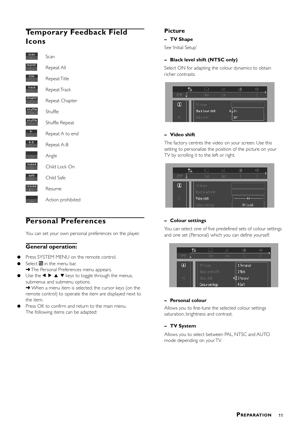 Temporary feedback field icons, Personal preferences | Philips DVD870P/051 User Manual | Page 11 / 21