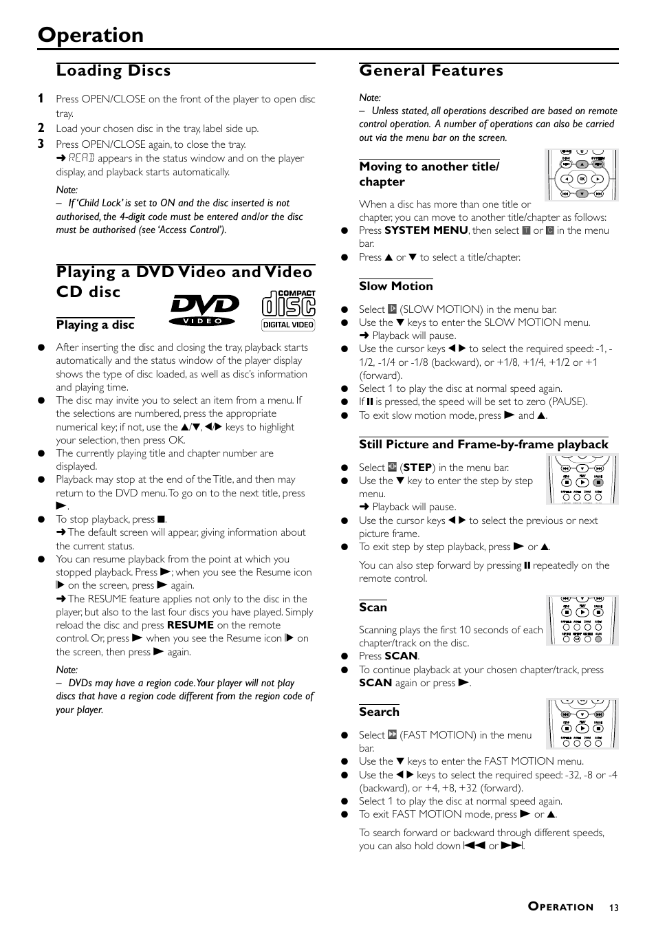 Operation, Loading discs, Playing a dvd video and video cd disc | General features | Philips DVD870P/051 User Manual | Page 13 / 21