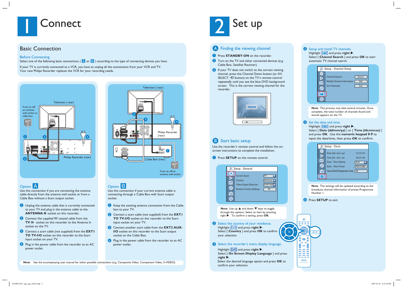 Connect, Set up, Basic connection | Philips DVDR3512V/12 User Manual | Page 2 / 2