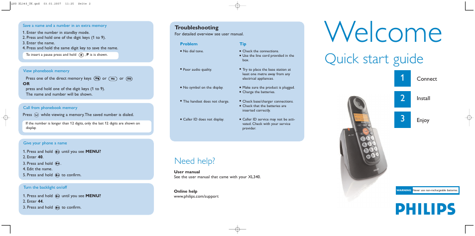 Welcome, Philips, Quick start guide | Need help, Connect, Install, Enjoy, Troubleshooting | Philips XL340 User Manual | Page 2 / 2