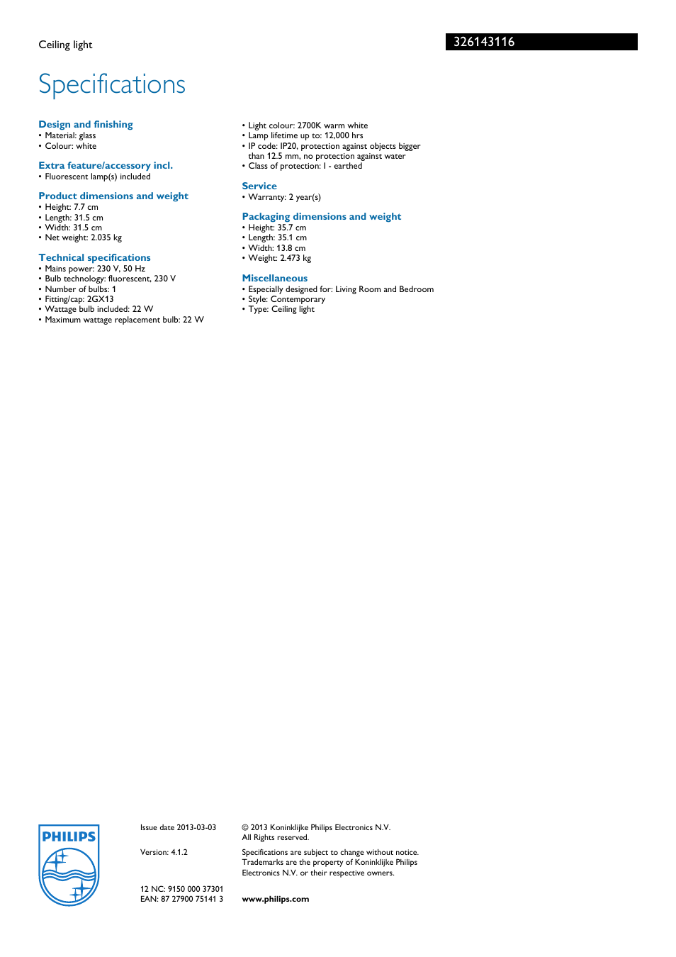 Specifications | Philips Ecomoods 32614/31/16 User Manual | Page 2 / 2