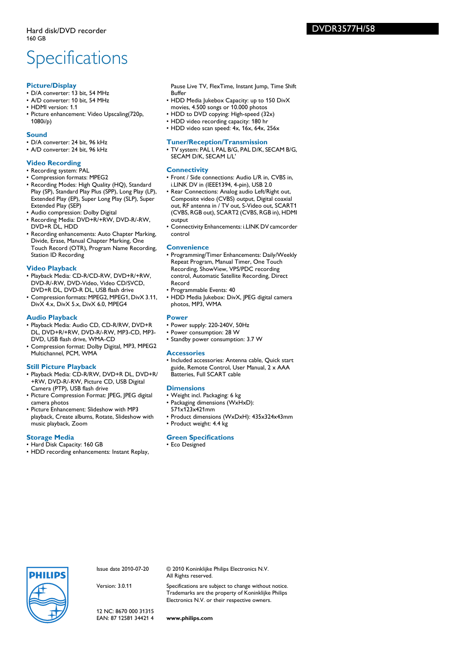 Specifications | Philips DVDR3577H User Manual | Page 3 / 3