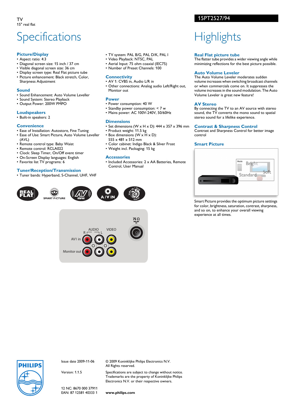 Specifications, Highlights | Philips 15PT2527 User Manual | Page 2 / 2