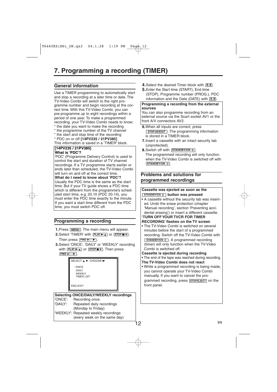 Programming a recording (timer), General information, Programming a recording | Problems and solutions for programmed recordings | Philips TV-Video Combi 21PV385/07 User Manual | Page 12 / 16