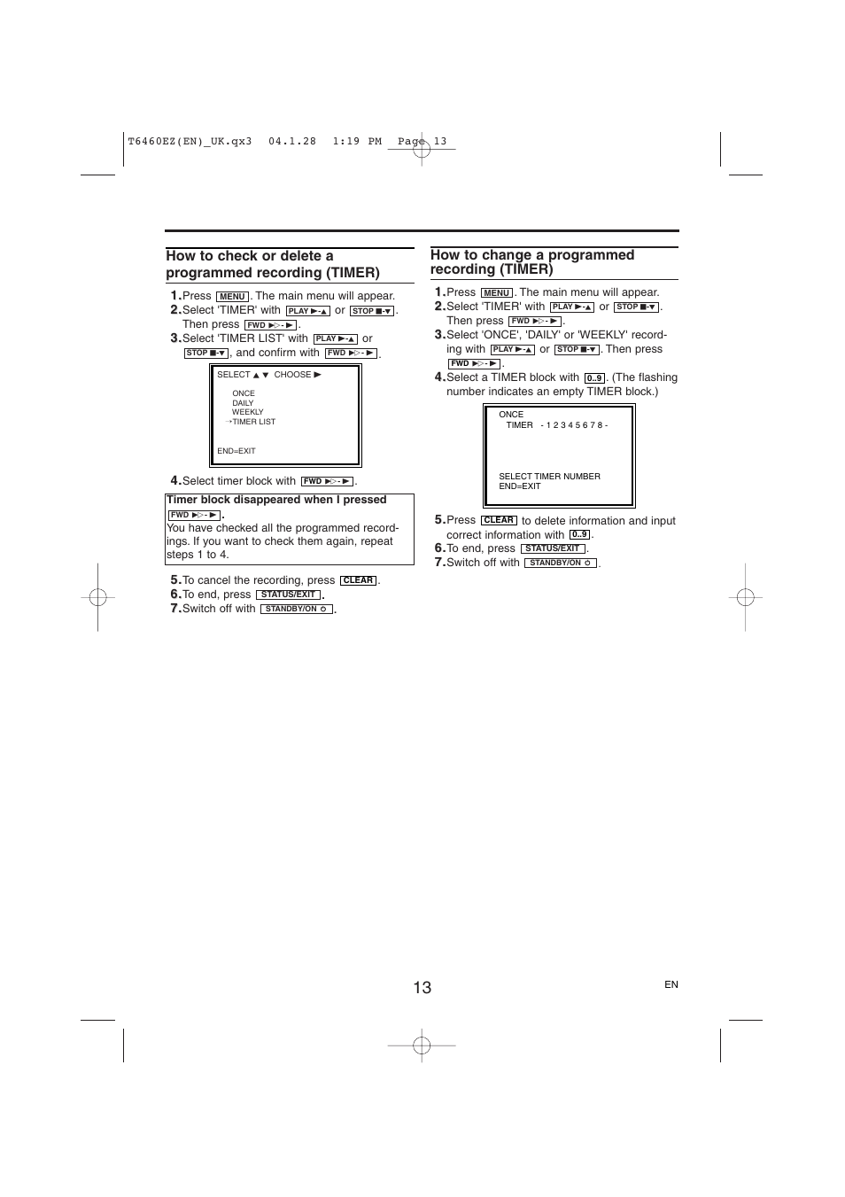 How to change a programmed recording (timer) | Philips TV-Video Combi 21PV385/07 User Manual | Page 13 / 16