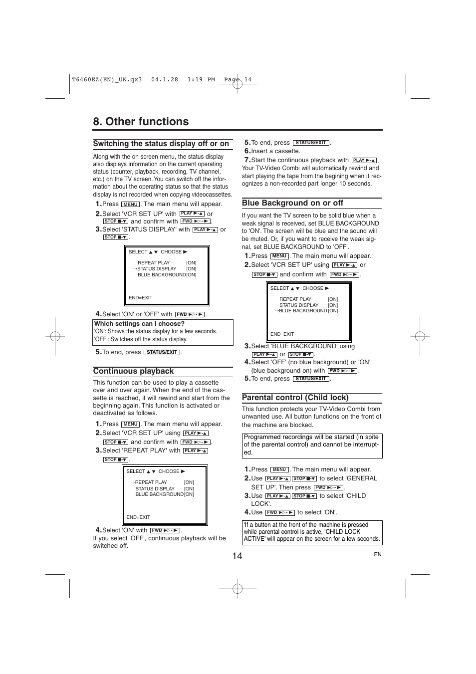 Other functions, Switching the status display off or on, Continuous playback | Blue background on or off, Parental control (child lock) | Philips TV-Video Combi 21PV385/07 User Manual | Page 14 / 16