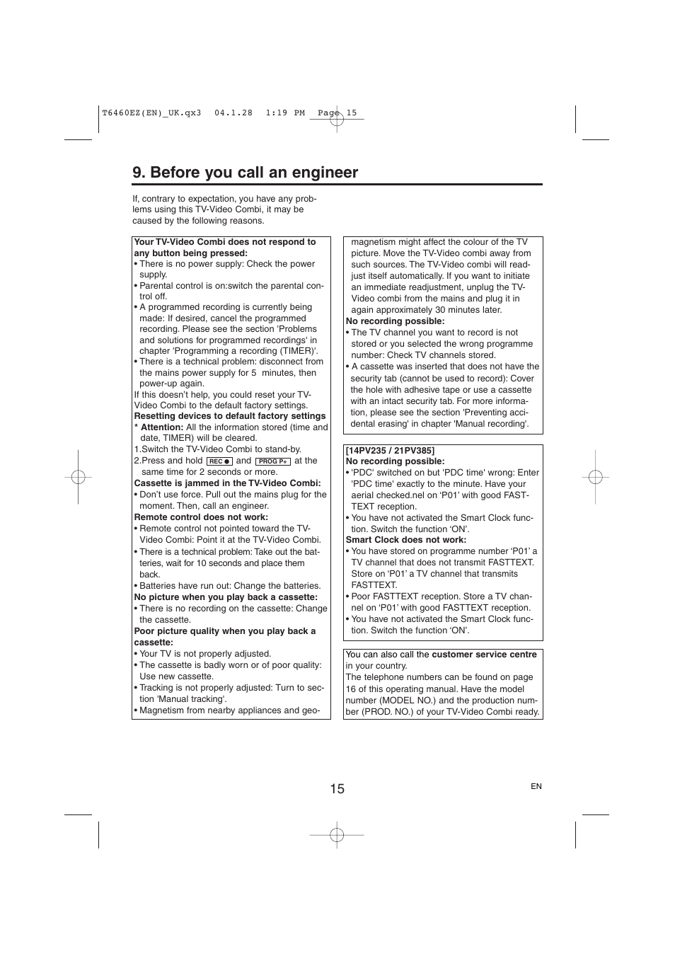 Before you call an engineer | Philips TV-Video Combi 21PV385/07 User Manual | Page 15 / 16