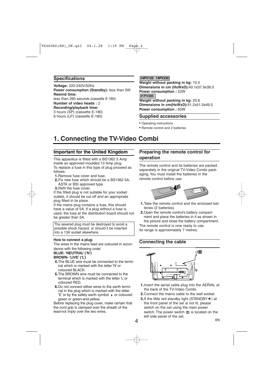 Connecting the tv-video combi, Specifications, Supplied accessories | Important for the united kingdom, Preparing the remote control for operation, Connecting the cable | Philips TV-Video Combi 21PV385/07 User Manual | Page 4 / 16