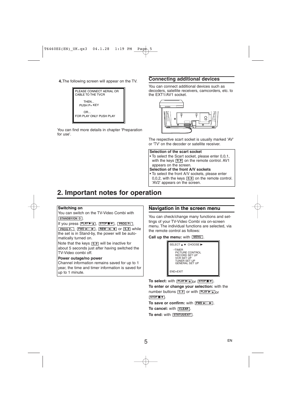 Connecting additional devices, Navigation in the screen menu | Philips TV-Video Combi 21PV385/07 User Manual | Page 5 / 16