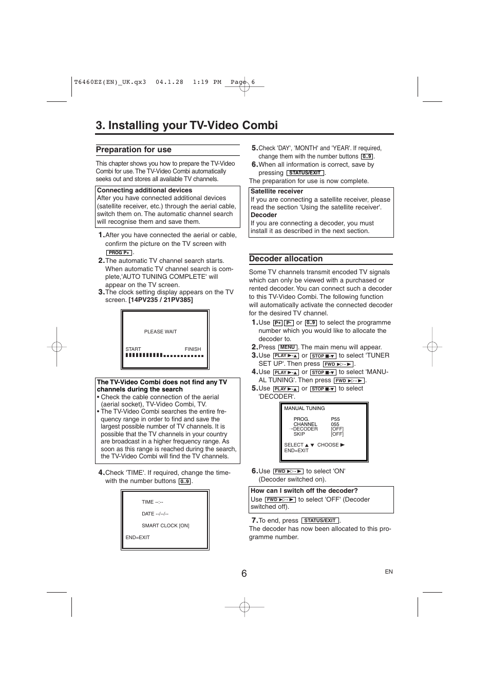 Installing your tv-video combi, Preparation for use, Decoder allocation | Philips TV-Video Combi 21PV385/07 User Manual | Page 6 / 16
