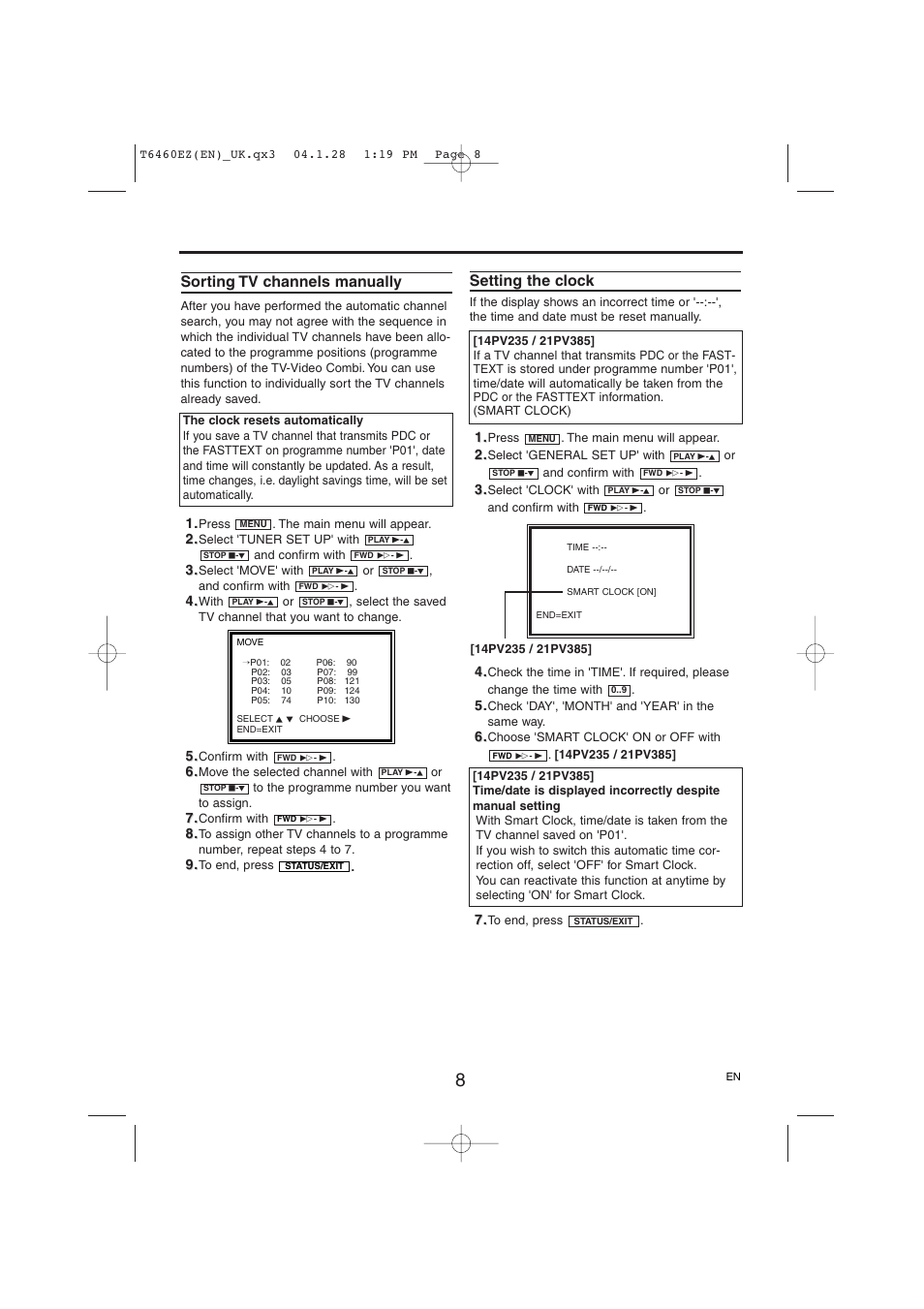 Sorting tv channels manually, Setting the clock | Philips TV-Video Combi 21PV385/07 User Manual | Page 8 / 16