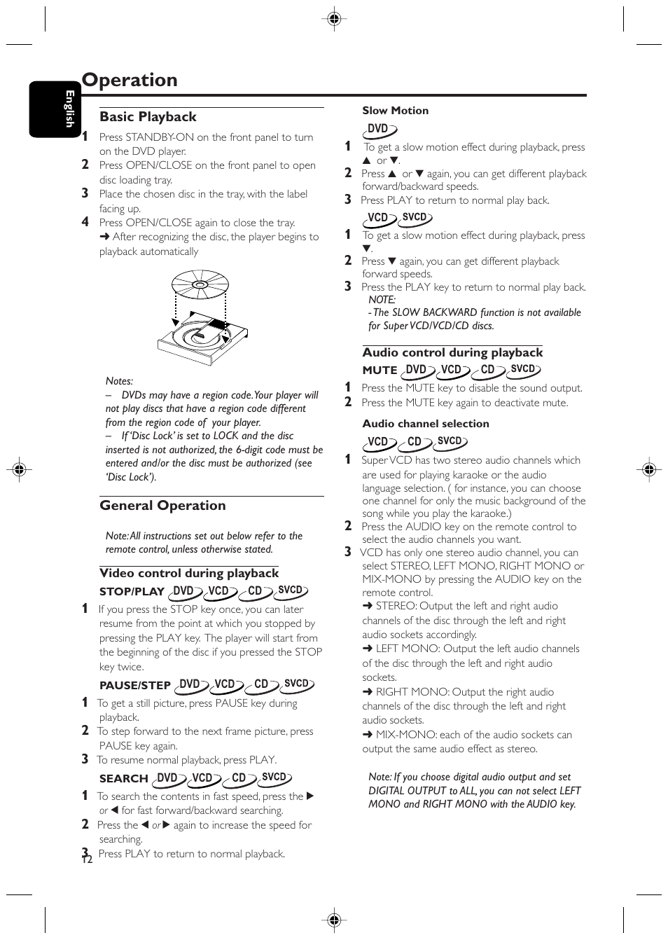 Operation | Philips DVD425 User Manual | Page 12 / 28