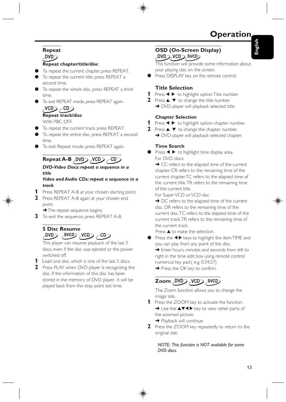 Operation | Philips DVD425 User Manual | Page 13 / 28