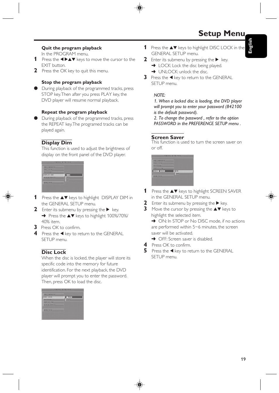 Setup menu | Philips DVD425 User Manual | Page 19 / 28