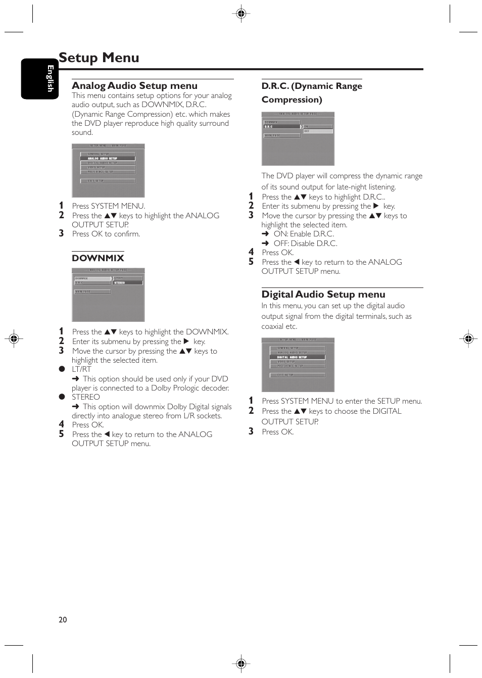 Setup menu | Philips DVD425 User Manual | Page 20 / 28