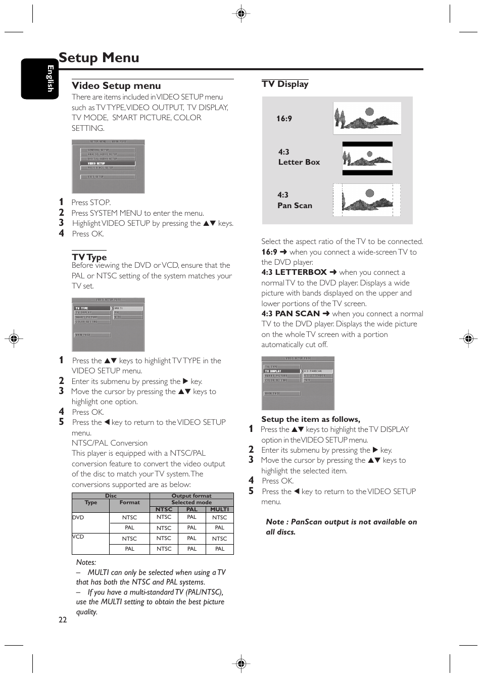 Setup menu, Video setup menu | Philips DVD425 User Manual | Page 22 / 28