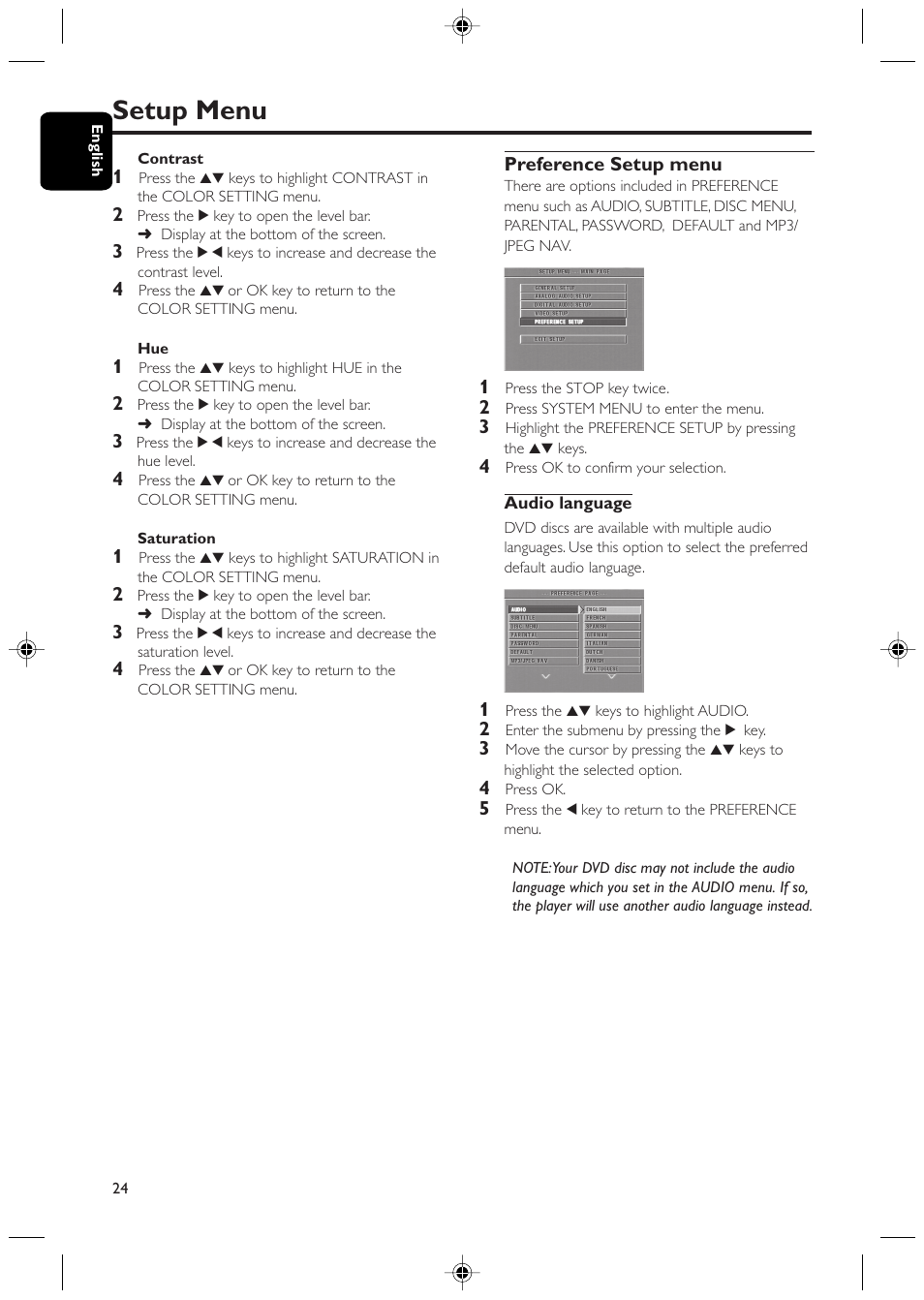 Setup menu | Philips DVD425 User Manual | Page 24 / 28