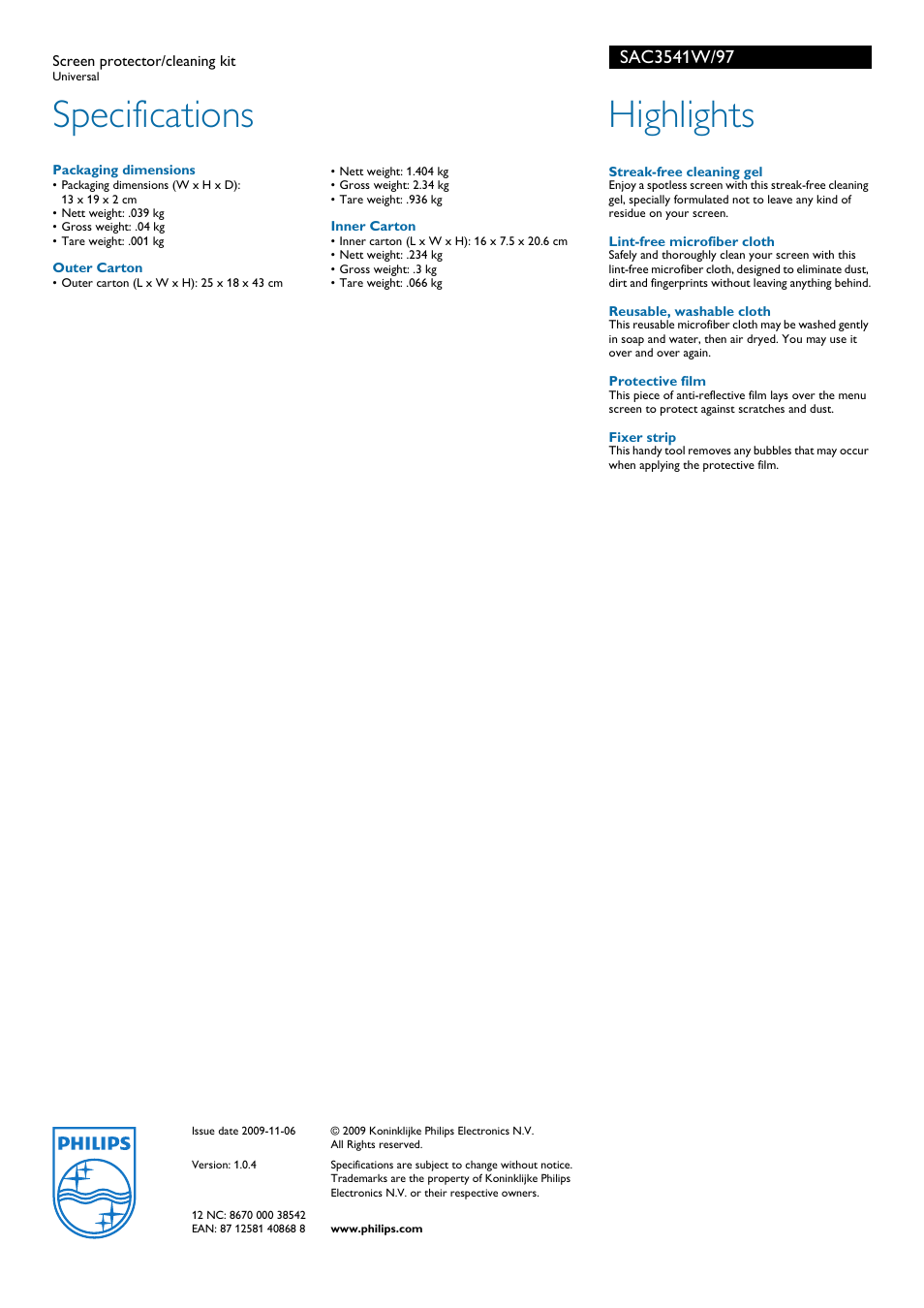 Specifications, Highlights | Philips SAC3541W User Manual | Page 2 / 2