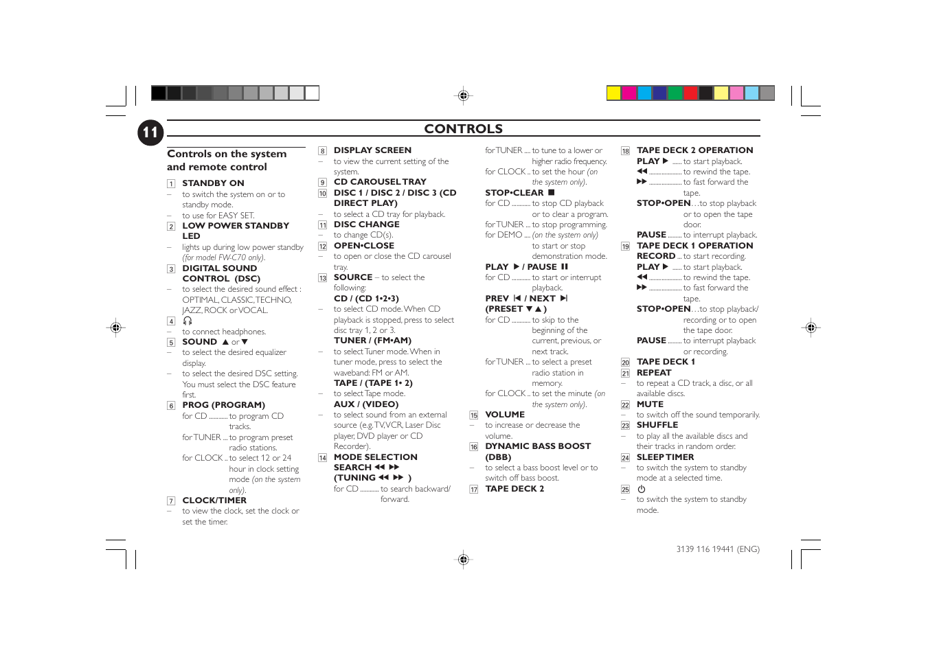 Controls | Philips FW-C70 User Manual | Page 11 / 28