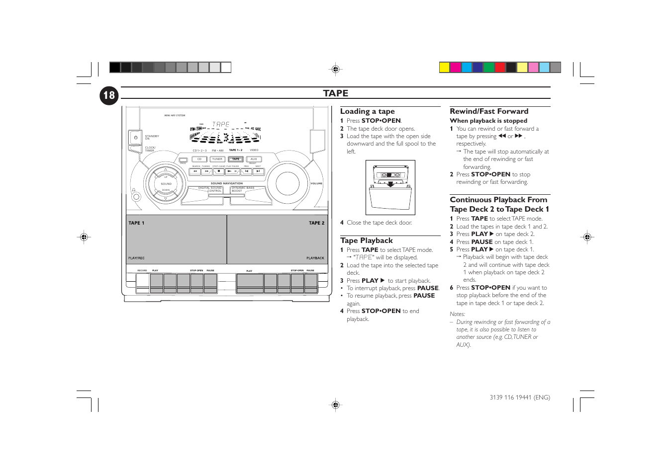 Tape, Loading a tape, Tape playback | Rewind/fast forward | Philips FW-C70 User Manual | Page 18 / 28