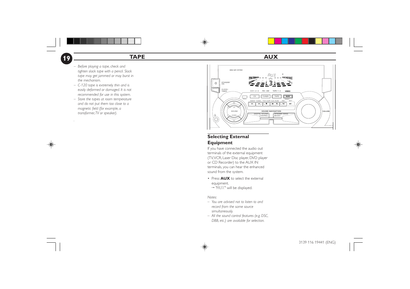 Tape aux, Selecting external equipment | Philips FW-C70 User Manual | Page 19 / 28