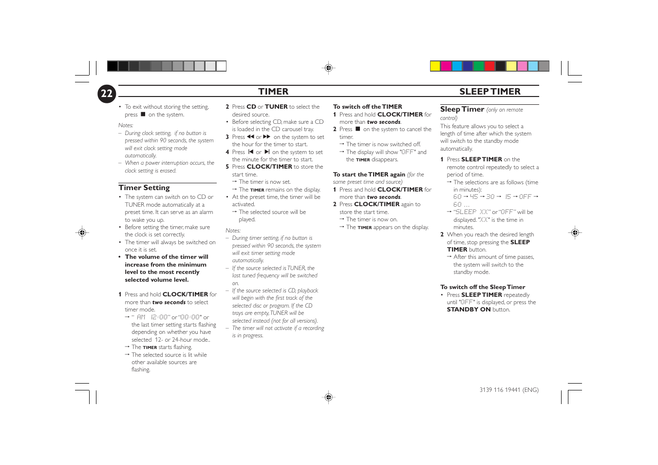 Timer sleep timer | Philips FW-C70 User Manual | Page 22 / 28