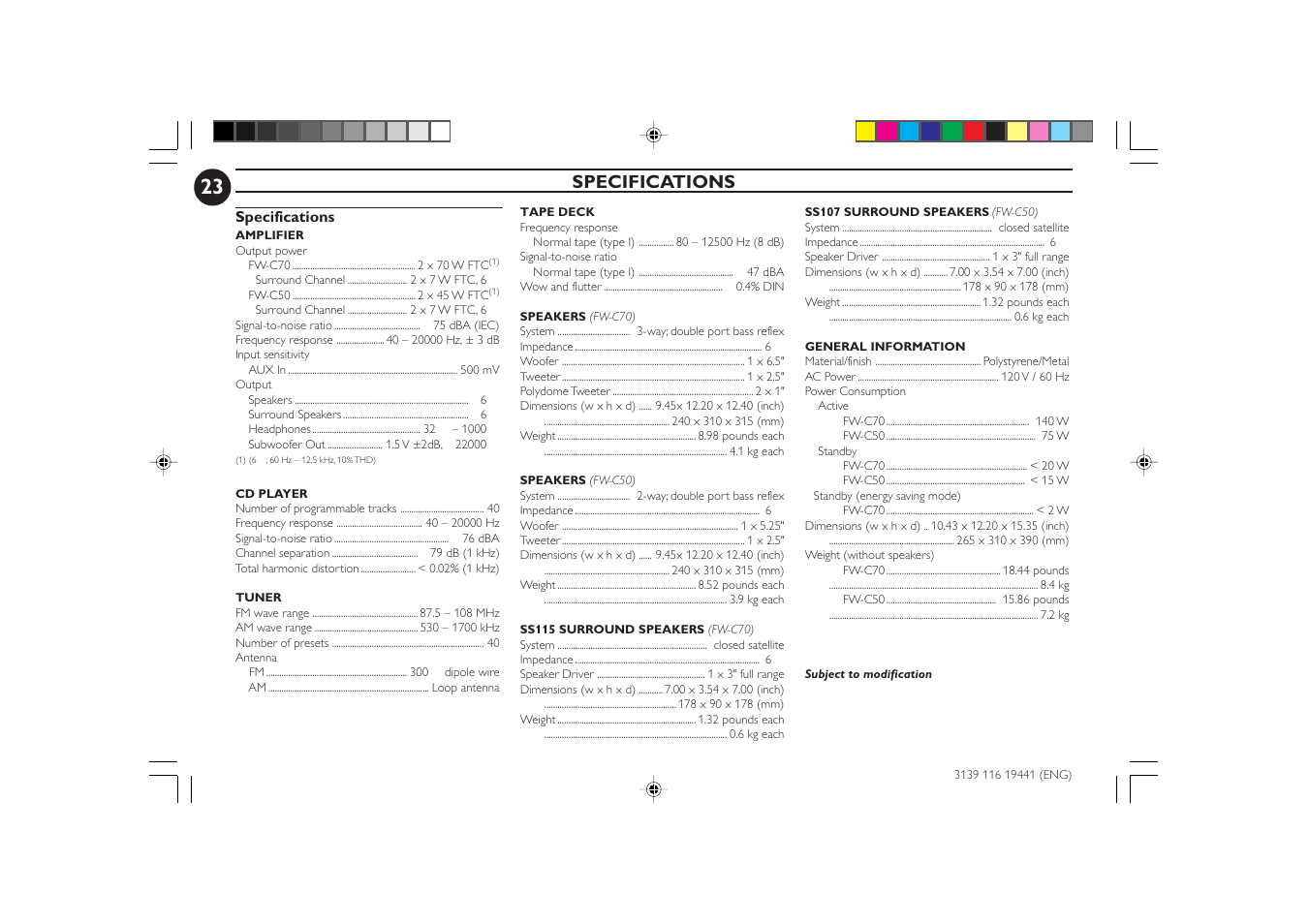 Specifications | Philips FW-C70 User Manual | Page 23 / 28