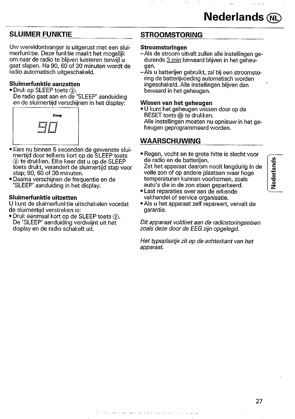 Sluimer punkte, Stroomstoring, Sluimerfunktie aanzetten | Stroomstoringen, Wissen van het geheugen, Waarschuwing, Sluimerfunktie uitzetten, Nederlands | Philips AE 3625 User Manual | Page 10 / 13