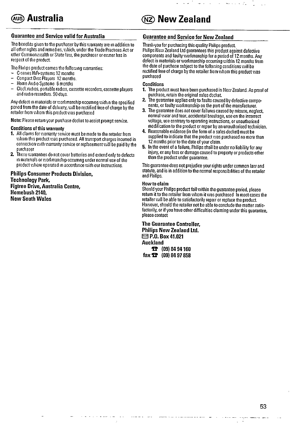 Australia new zealand | Philips AE 3625 User Manual | Page 12 / 13