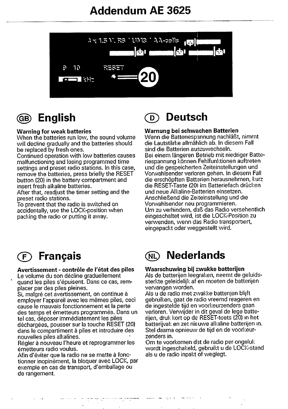 Addendum ae 3625, English, Ce) deutsch | Warning for weak batteries, Warnung bei schwachen batterien, Ce) français, Avertissement - contrôle de l'état des piles, Nederlands, Waarschuwing bij zwakke batterijen, English c | Philips AE 3625 User Manual | Page 4 / 13