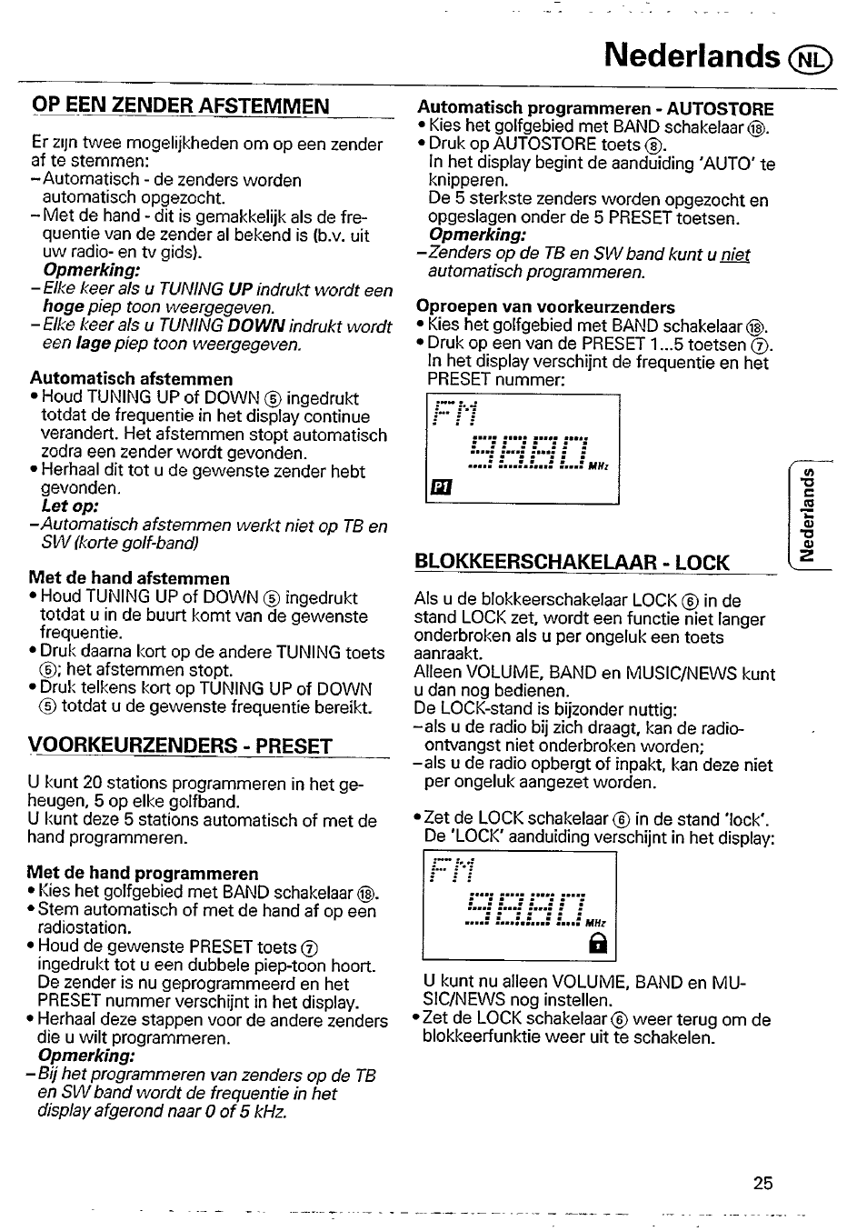 Op een zender afstemmeim, Automatisch afstemmen, Met de hand afstemmen | Voorkeurzenders - preset, Automatisch programmeren - autostore, Oproepen van voorkeurzenders, Met de hand programmeren, Blokkeerschakelaar - lock, Nederlands | Philips AE 3625 User Manual | Page 8 / 13