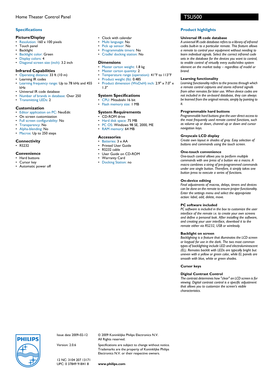 Tsu500 | Philips TSU500 User Manual | Page 2 / 2