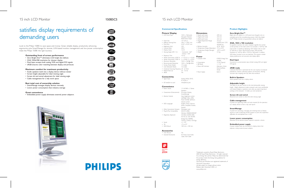 Satisfies display requirements of demanding users, 15 inch lcd monitor, 150b5cs | Outstanding front of screen performance, Maximum comfort for maximum productivity, Best total cost of ownership solution, Great convenience, Connectivity, Convenience, Accessories | Philips 150B5CS User Manual | Page 2 / 2