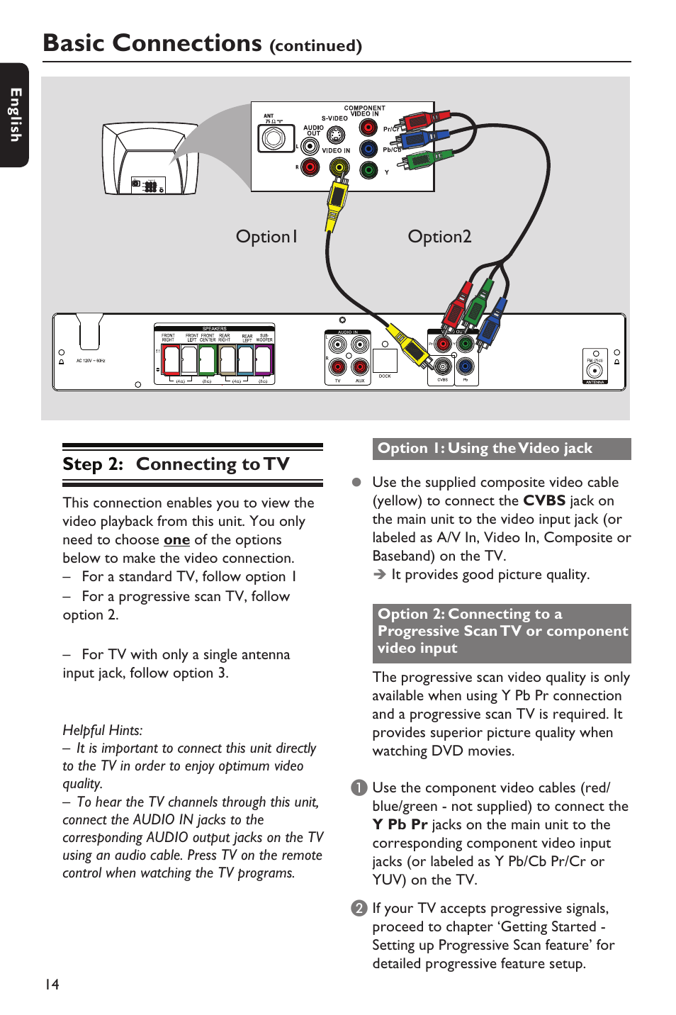 Basic connections, Step 2: connecting to tv, Option2 option1 | Continued) | Philips HTS3151D User Manual | Page 14 / 55