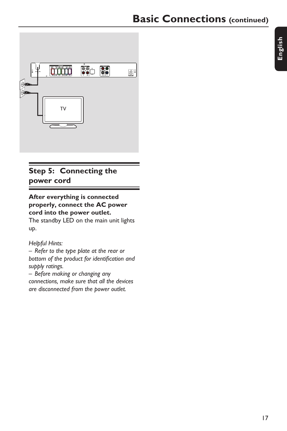 Basic connections, Step 5: connecting the power cord, Continued) | 17 english | Philips HTS3151D User Manual | Page 17 / 55