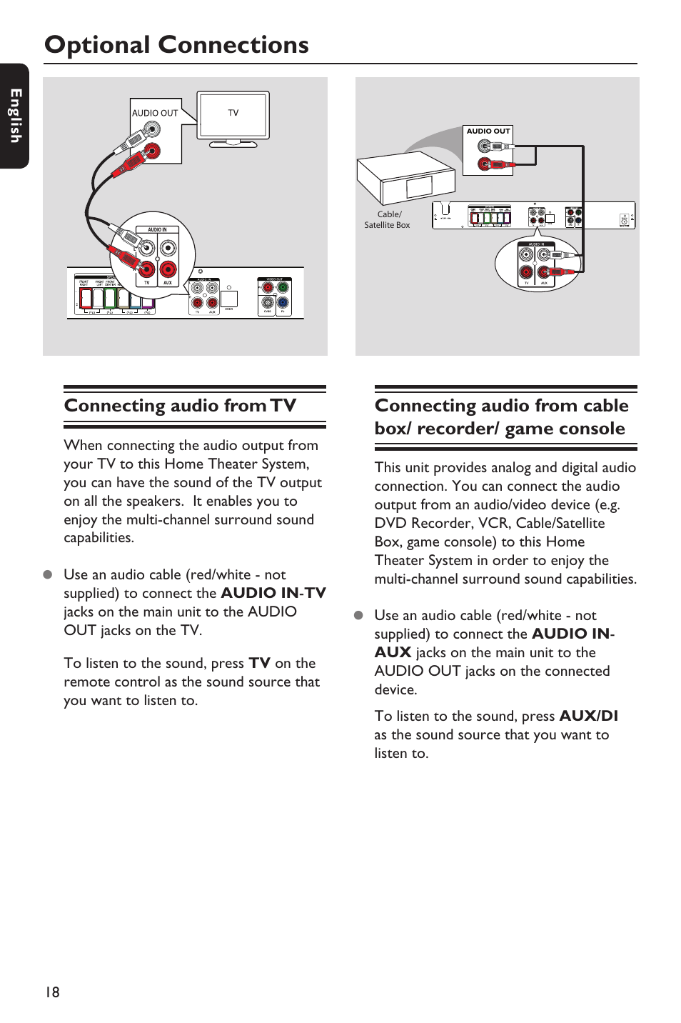 Optional connections, Connecting audio from tv, 18 english | Philips HTS3151D User Manual | Page 18 / 55