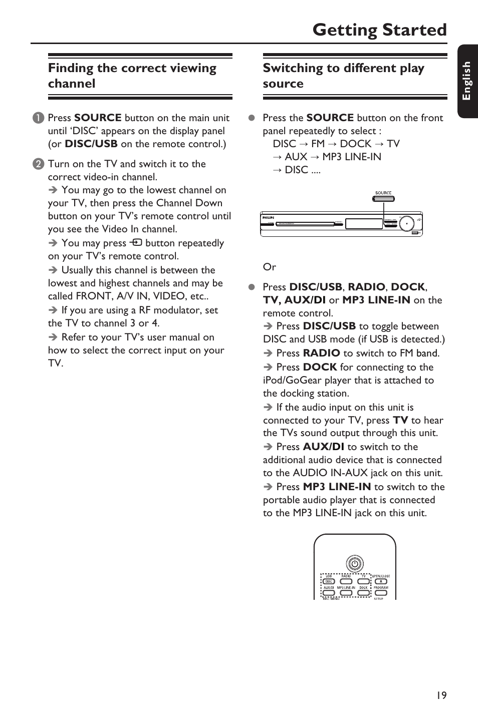 Getting started, Finding the correct viewing channel, Switching to different play source | Philips HTS3151D User Manual | Page 19 / 55