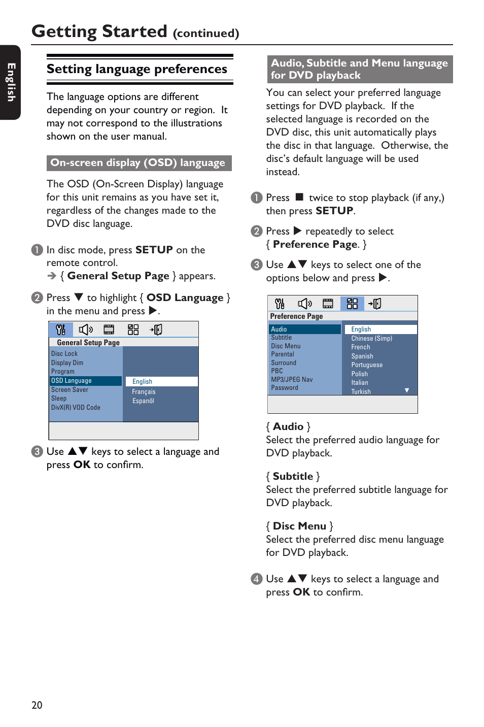 Getting started, Setting language preferences, Continued) | Philips HTS3151D User Manual | Page 20 / 55