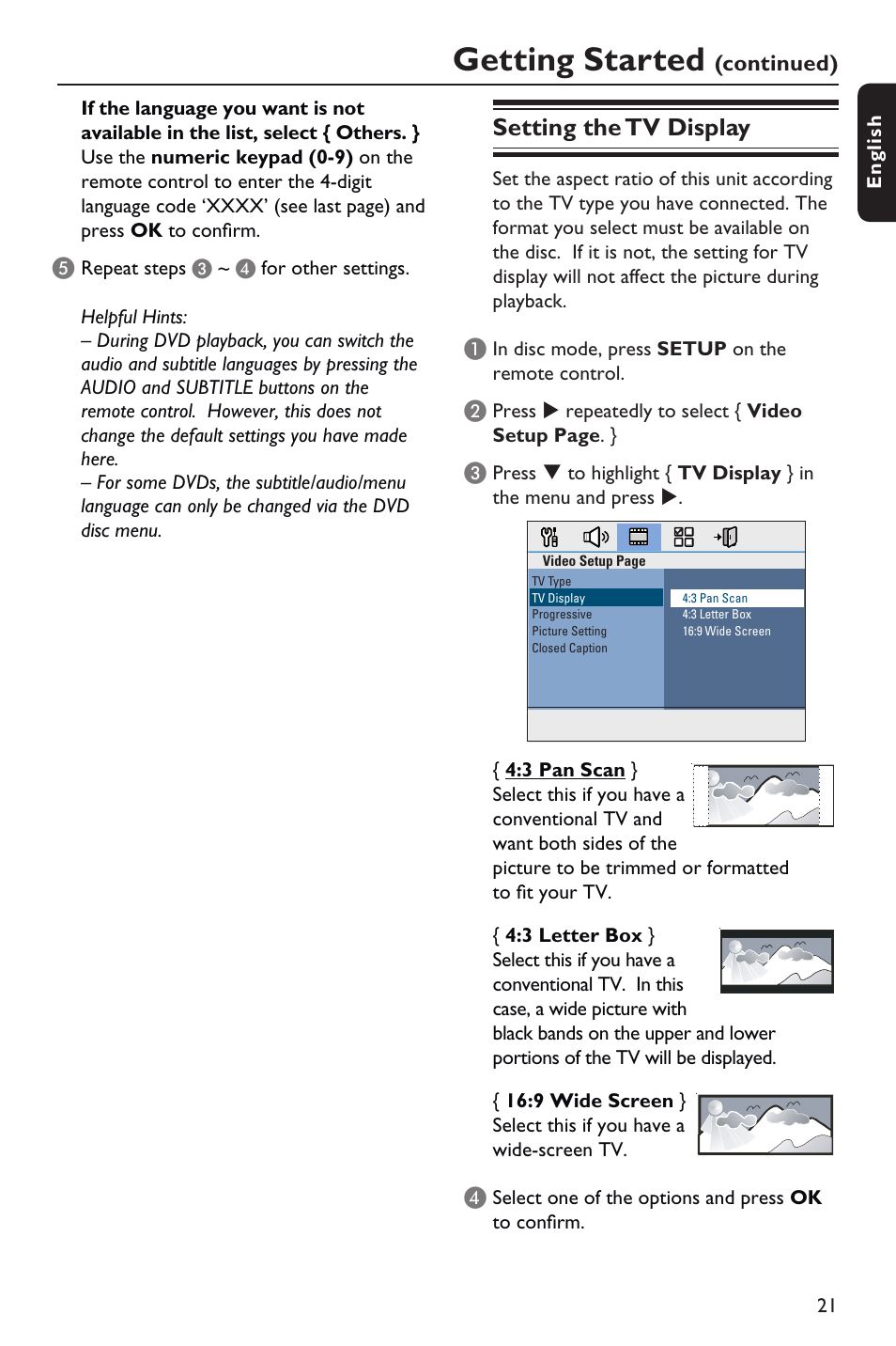 Getting started, Setting the tv display | Philips HTS3151D User Manual | Page 21 / 55