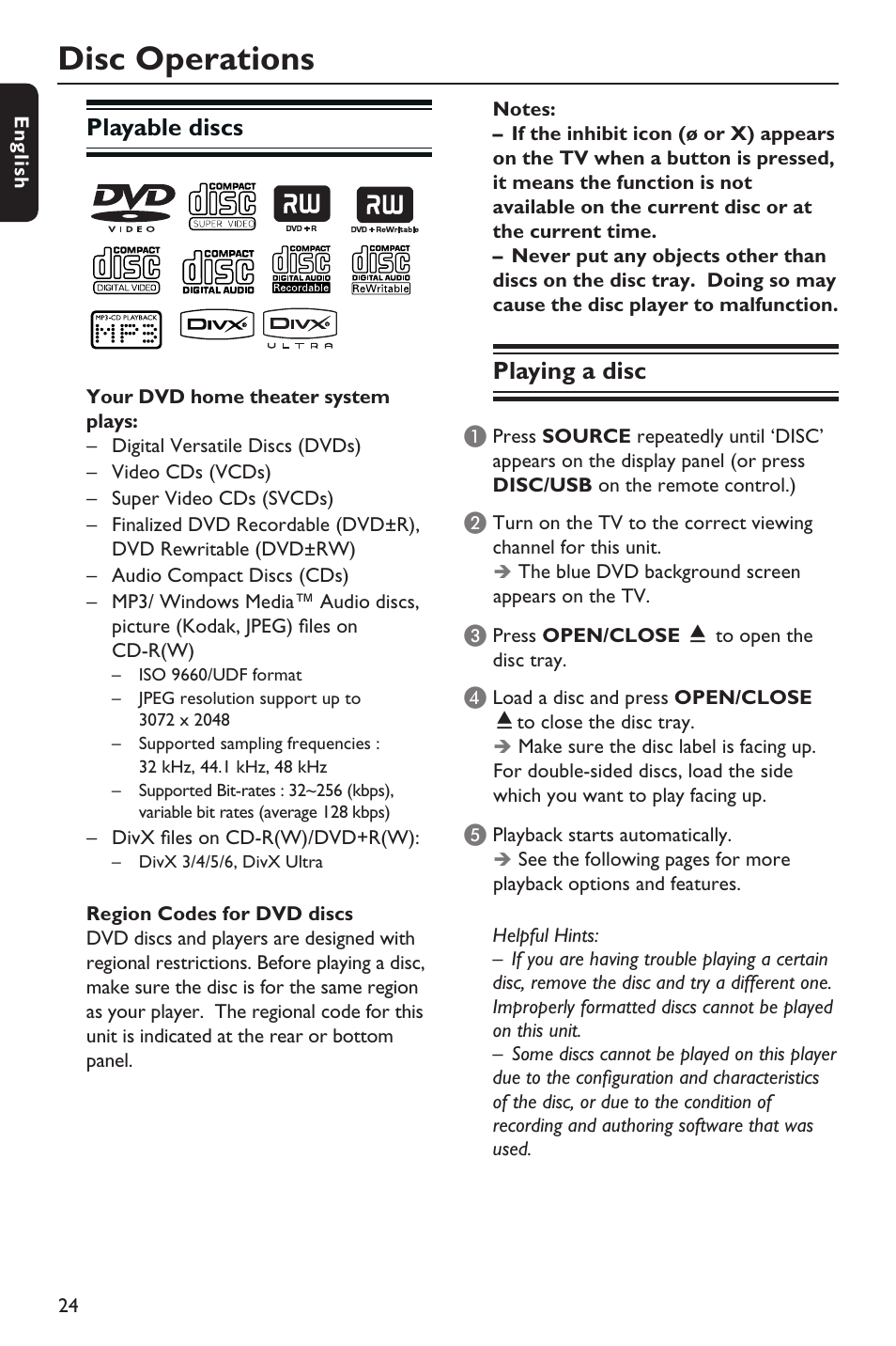 Disc operations, Playable discs, Playing a disc | Philips HTS3151D User Manual | Page 24 / 55