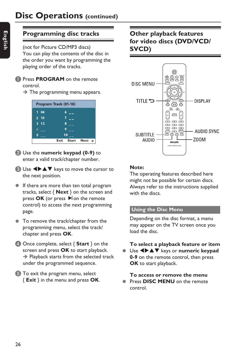 Disc operations, Programming disc tracks | Philips HTS3151D User Manual | Page 26 / 55