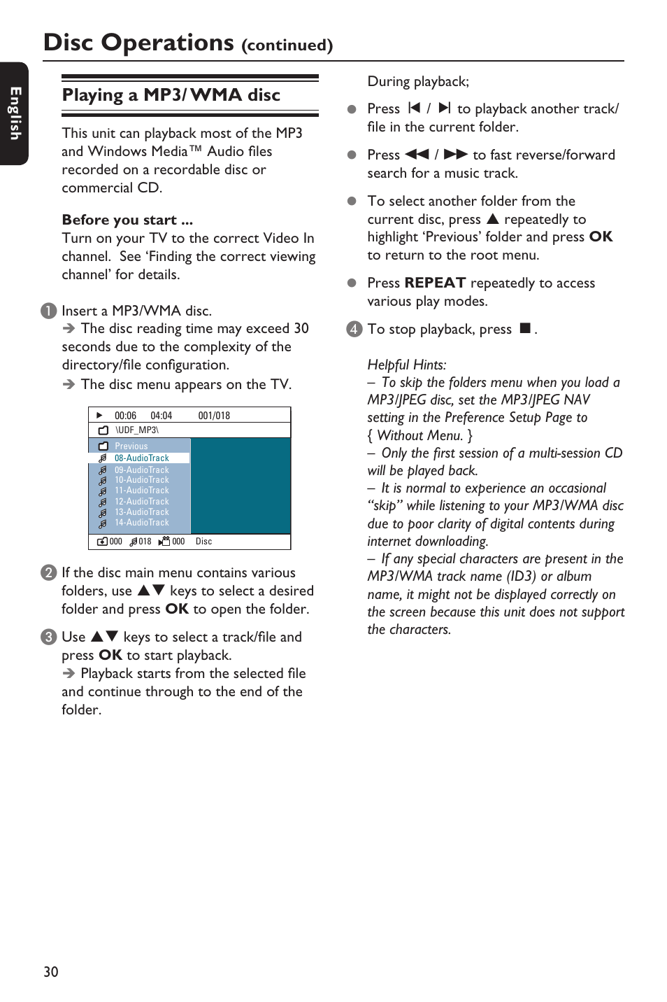 Disc operations, Playing a mp3/ wma disc | Philips HTS3151D User Manual | Page 30 / 55