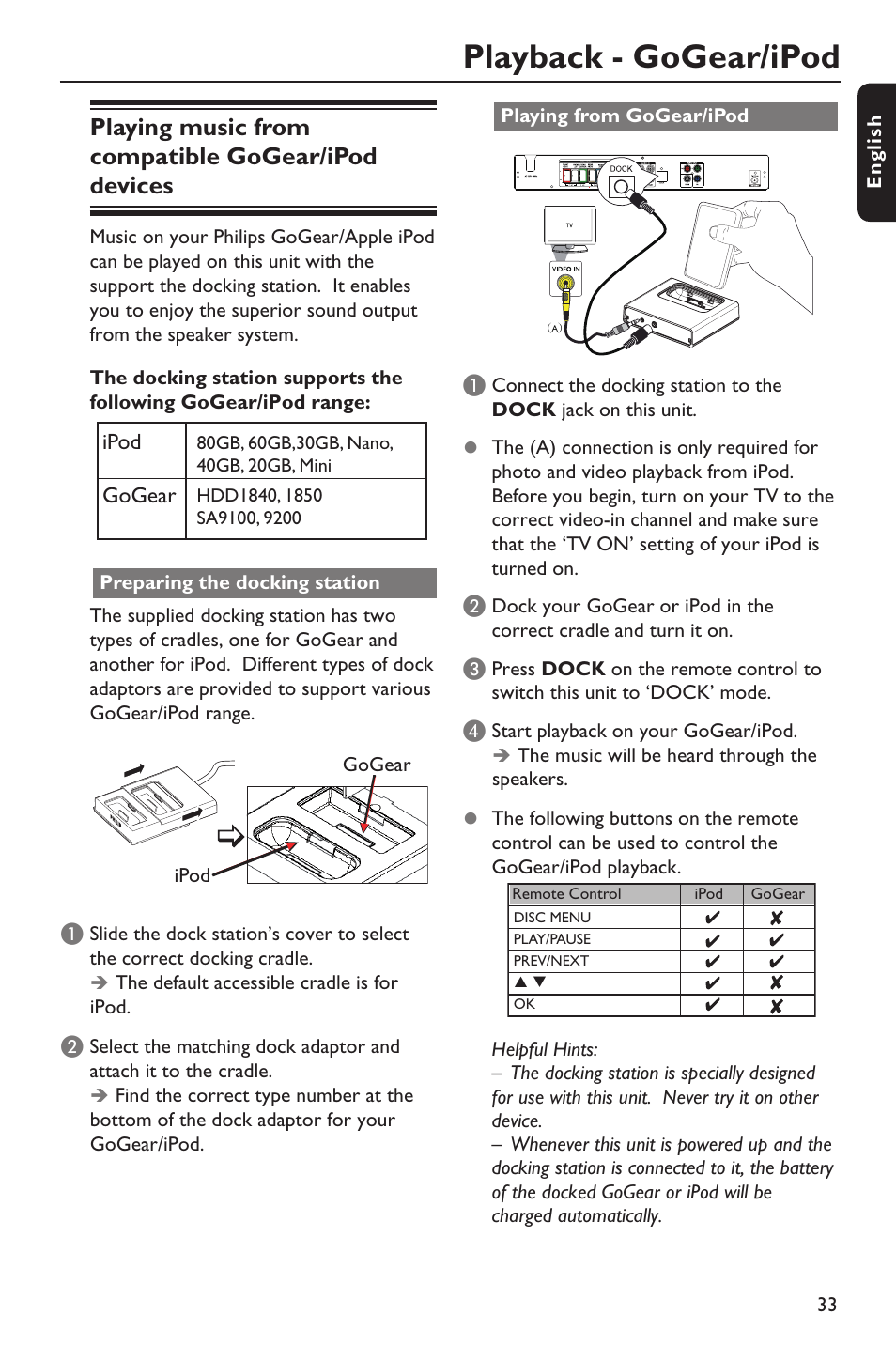 Playback - gogear/ipod, Playing music from compatible gogear/ipod devices | Philips HTS3151D User Manual | Page 33 / 55