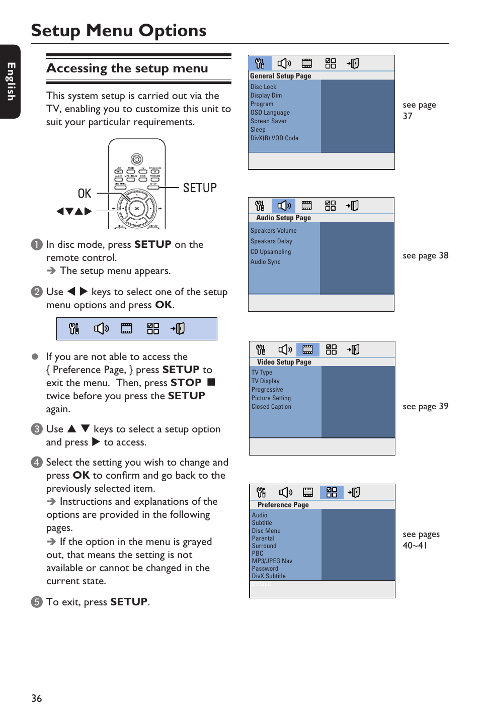 Setup menu options, Accessing the setup menu | Philips HTS3151D User Manual | Page 36 / 55