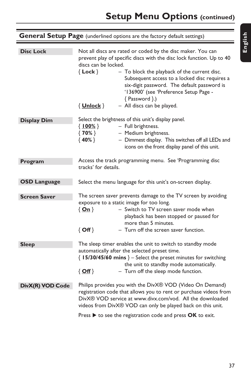 Setup menu options, General setup page | Philips HTS3151D User Manual | Page 37 / 55